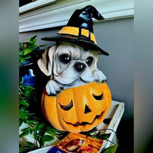 Halloween Pug Dog LIGHT UP Pumpkin Resin Statue Table Decor 9"‌‌‌ NWT